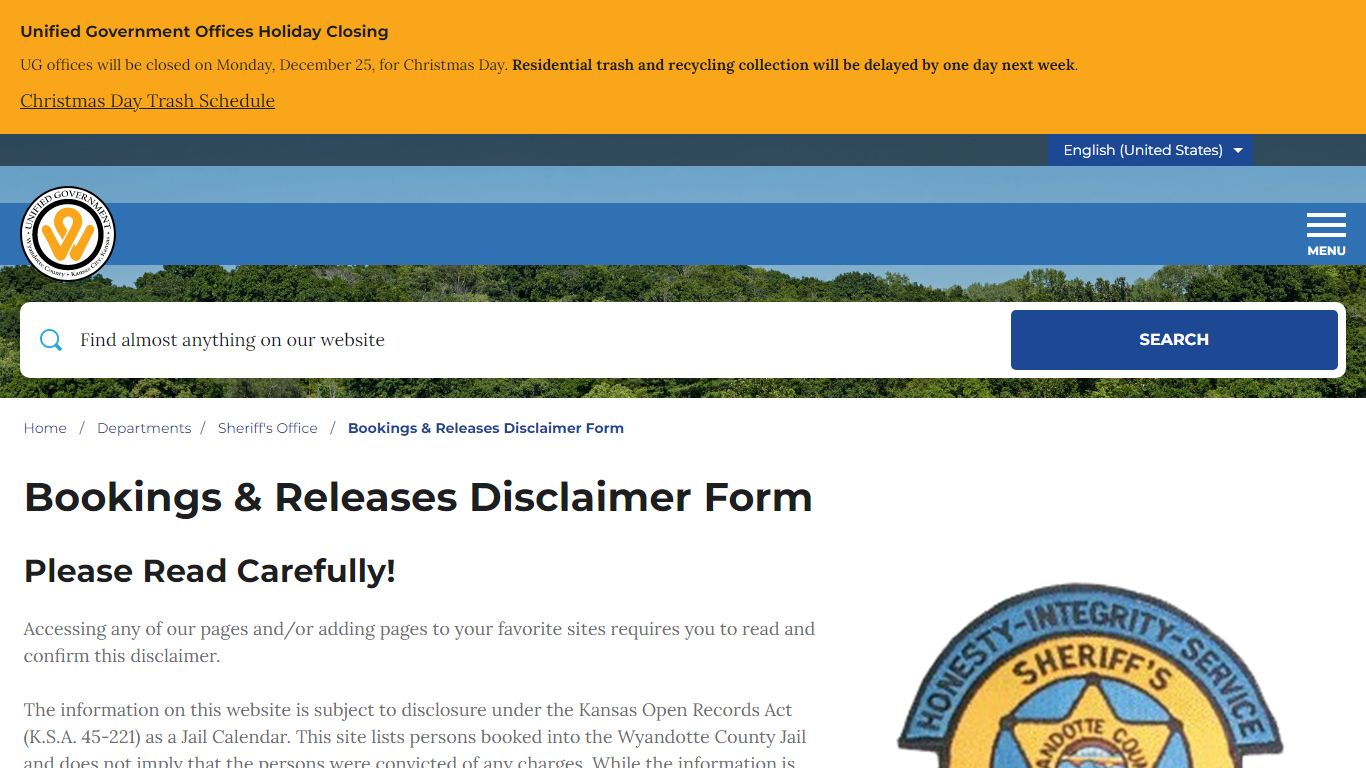 Bookings & Releases Disclaimer Form - Wyandotte County, Kansas